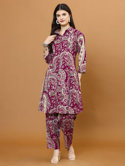 MEENA BAZAAR - Wine Printed Cotton Blend Kurta with Pant