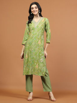 MEENA BAZAAR - Green Printed Cotton Blend Kurta with Pant