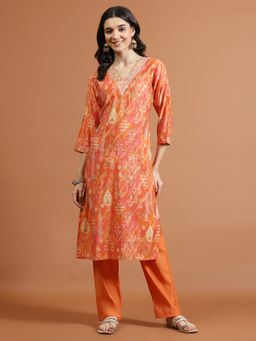 MEENA BAZAAR - Orange Printed Cotton Blend Kurta with Pant