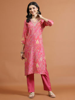 MEENA BAZAAR - Pink Printed Cotton Blend Kurta with Pant