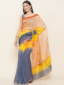 Fabnest - Grey Chanderi Saree with Yellow & Orange Shibori Border with Unstitched Blouse