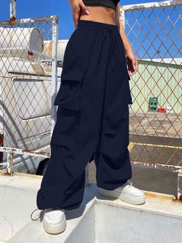 Buynewtrend - Navy Women Loose Fit Parachute Trousers