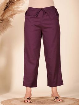 ARAMYA - Wine Linen Cotton Solid Pant