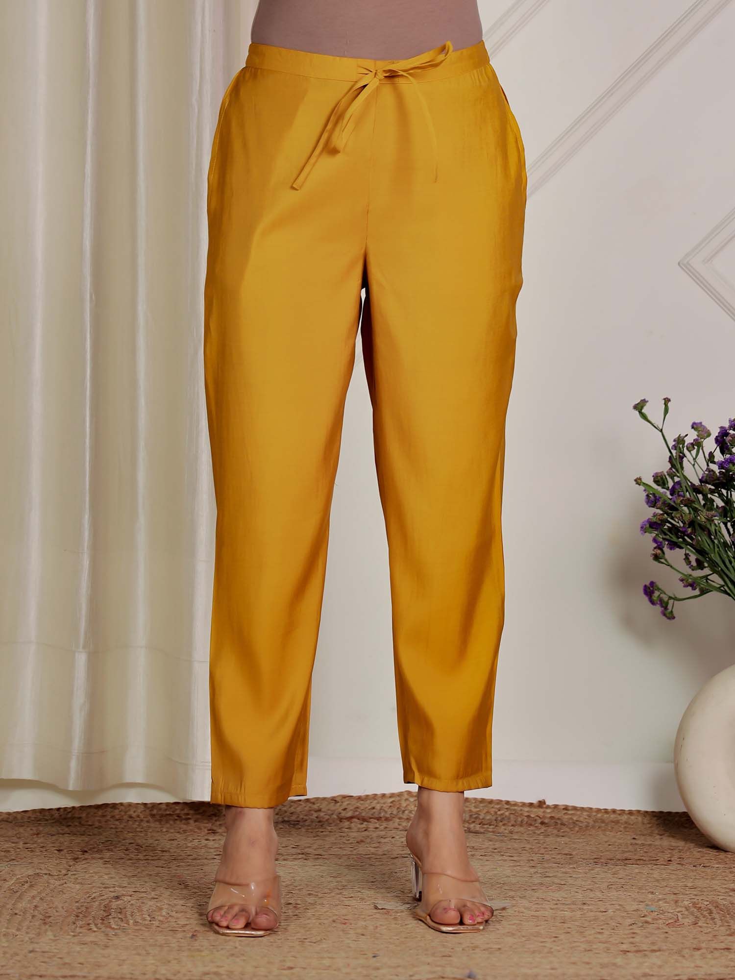 aramya Yellow Muslin Solid Pant-picture-17