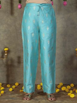 ARAMYA - Blue Romen silk Gold foil Print Pant