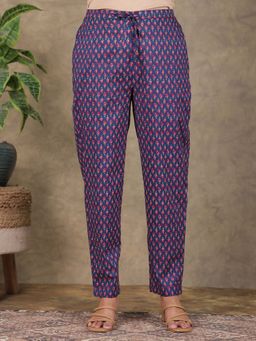 ARAMYA - Navy Blue Soft Cotton Floral Printed Pant