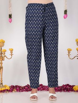 ARAMYA - Navy Blue Soft Cotton Floral Printed Pant