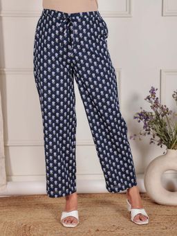 ARAMYA - Navy Blue Soft Cotton Floral Printed Pant
