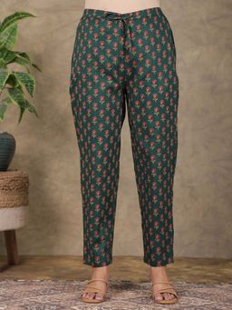 ARAMYA - Green Soft Cotton Floral Printed Pant