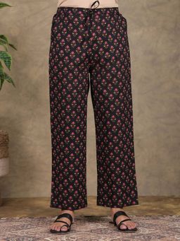ARAMYA - Black Soft Cotton Floral Printed Pant