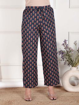 ARAMYA - Navy Blue Soft Cotton Floral Printed Pant