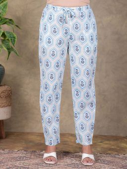 ARAMYA - Blue and White Soft Cotton Floral Printed Pant