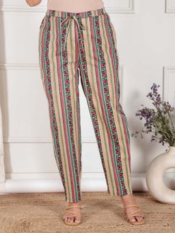 ARAMYA - Beige Soft Cotton Striped Printed Pant