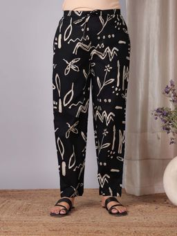 ARAMYA - Black Soft Cotton Abstract Printed Pant
