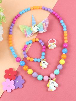 Asthetika Kids - Unicorn Beaded Necklace Bracelet Fingrer Ringer & Hair Clip (Set of 4)