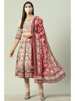Biba - Beige Printed Anarkali (Set of 4)