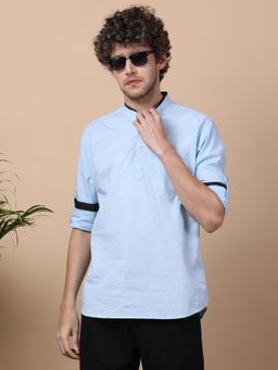 KUONS AVENUE - Men's Linen Cotton Blue Casual Short Kurta