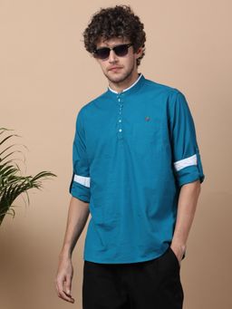 KUONS AVENUE - Men's Linen Dark Blue Cotton Casual Short Kurta