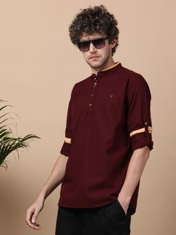 KUONS AVENUE - Men's Linen Cotton Maroon Casual Short Kurta
