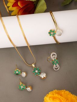 Anika's Creations - Stylish Gold Tone Sleek Chain Pendant Earring Bracelet and Ring Green Ad Set