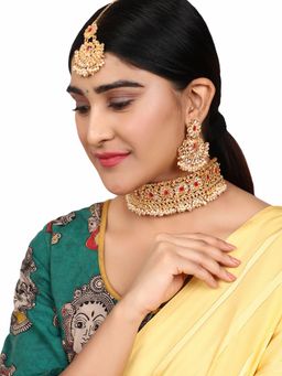 Anika's Creations - Gold-Plated Red-Coloured & White Stone-Studded & Beaded Traditional Jewellery Set