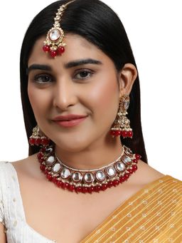 Anika's Creations - Red & White Stone Studded Pearl and Kundan Necklace with Earring and Maangtikka