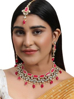 Anika's Creations - Traditional Rose Pink Kundan and Beads Necklace Earring and Maangtikka