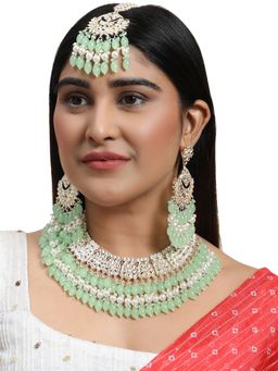 Anika's Creations - Sea Green Traditional Gold Plated Kundan and Bead Necklace with Earring Maangtikka