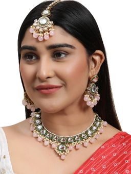 Anika's Creations - Kundan Traditional Brass Pink Bead Jewellery Set with Earring Maangtikka