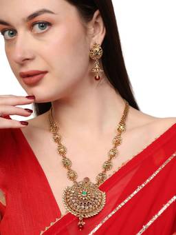 Anika's Creations - Stylish Gold Plated Traditional Floral Shape Long Necklace with Earrings
