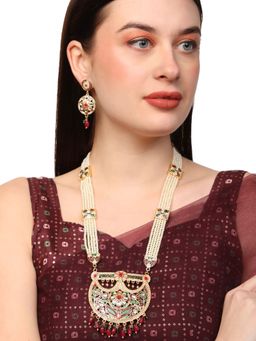 Anika's Creations - Gold-Plated White Pearl Beaded Stone Studded Raani Haar Jewellery Set