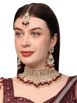 Anika's Creations - Gold-Plated Pink & White Kundan-Studded & Beaded Choker Jewellery Set