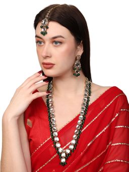 Anika's Creations - Gold Toned & Emerald Green Traditional Kundan Studded Jewellery Set
