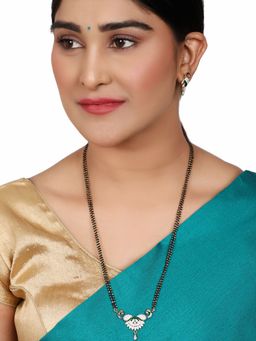 Anika's Creations - Gold Plated Black Artificial Stones-Studded & Beaded Peacock Motif Mangalsutra Set