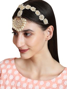 Anika's Creations - Designer Gold Tone Kundan Studded Bridal Maathapatti with White Beads