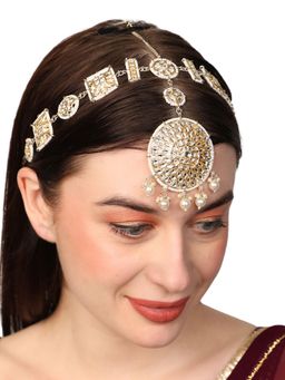 Anika's Creations - Gold-Plated White Kundan & Pearls Handcrafted Mathapatti Bridal Head Jewellery
