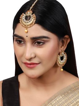 Anika's Creations - Gold-Plated Lct & White Kundan Stone Studded & Beaded Maangtikka & Earring Set