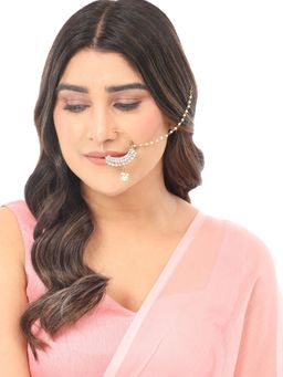 Anika's Creations - Gold Plated White Kundan Stone Studded Nath with Beaded Extension