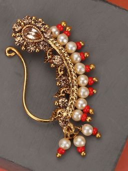 Anika's Creations - Stylish Marathi Style Red Colour Pearl and Stone Nose Ring