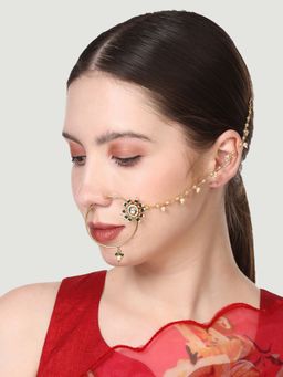Anika's Creations - Women Gold-Plated & Off-White Green Brass Stone & Pearl Embellished Nath
