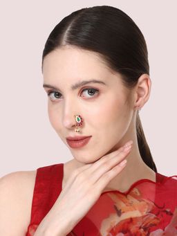 Anika's Creations - Gold Toned Pink & Green Stone Studded Marathi Nath Nose Pin