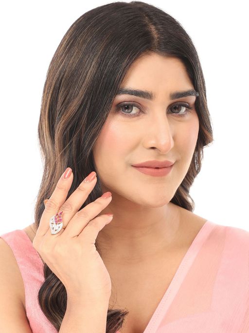 Anika's Creations White and Magenta American Diamond Studded Leaf Motif Ring