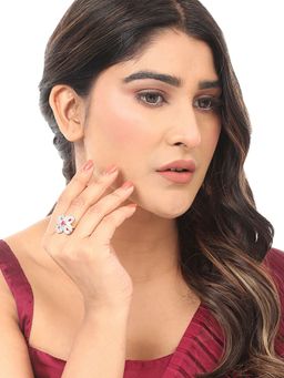 Anika's Creations - White and Magenta American Diamond Studded Floral Motif Cocktail Ring