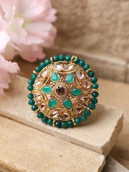 Anika's Creations - Circular Pattern Gold Plated Stone and Bead Studded Green Floral Adjustable Ring