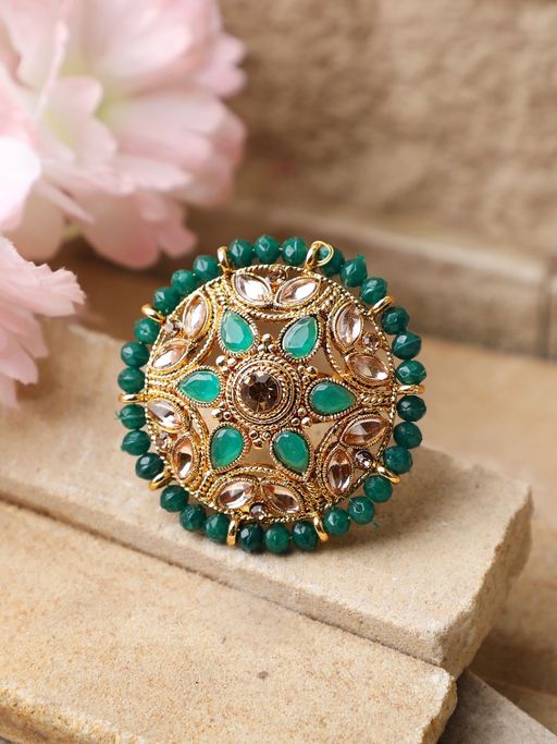 Anika's Creations Circular Pattern Gold Plated Stone and Bead Studded Green Floral Adjustable Ring