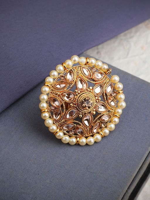 Anika's Creations Circular Pattern Gold Plated Stone and Bead Studded White Floral Adjustable Ring