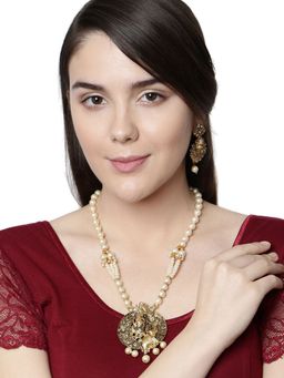 Anika's Creations - Antique Matte Gold Finish Meenakari Pearl Temple Jewellery Set