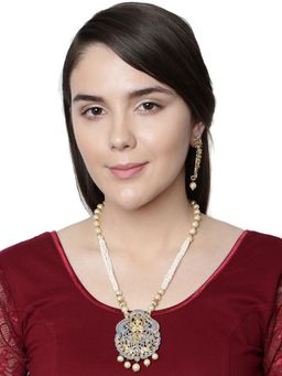 Anika's Creations - Antique Matte Gold Finish Meenakari Pearl Temple Jewellery