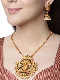 Anika's Creations - Antique Matte Gold Finish Goddess Laxmi Blue Stone Studded Temple Jewellery Set