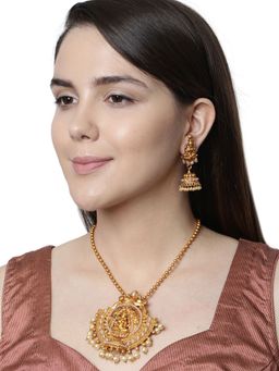 Anika's Creations - Antique Matte Gold Finish Goddess Laxmi White Stone Studded Temple Jewellery Set